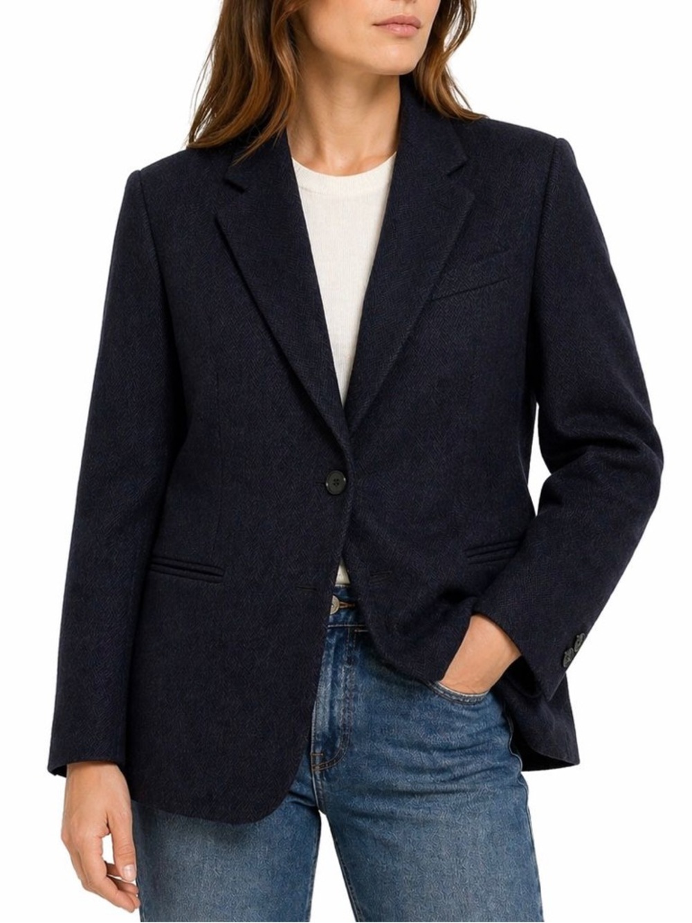 Lands’ End Wool Mohair Blazer Womens 12 Navy Herringbone Career Preppy Academia